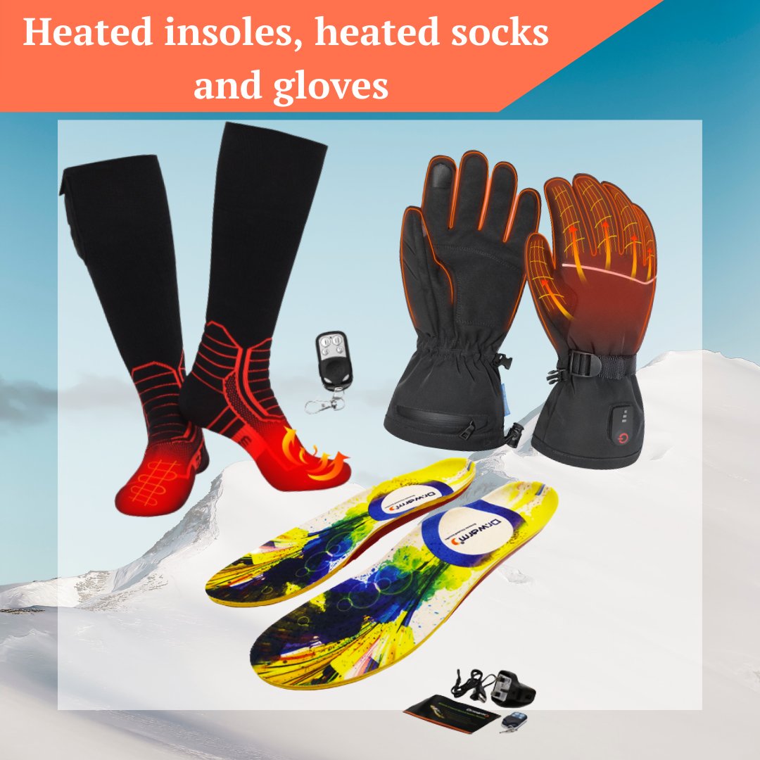 Heated insoles, heated socks and gloves